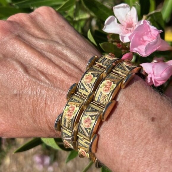 DAMASCENE TOLEDO ROSES Spain 2 Row RARE BRACELET - Picture 1 of 12
